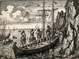 Engraving, Adventures of Odysseus, ship, sirens