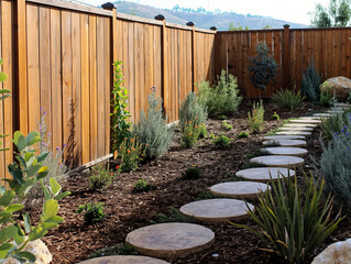 A wooden fence with a path of stones in front of it. The path is lined with plants and flowers