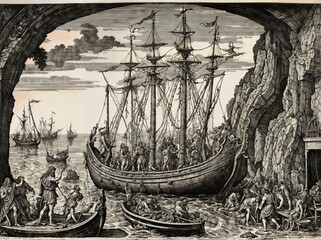 Engraving, Adventures of Odysseus, ship, sirens