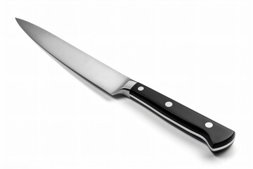 Sleek chef's knife with a sharp blade and black handle isolated on a pure white background