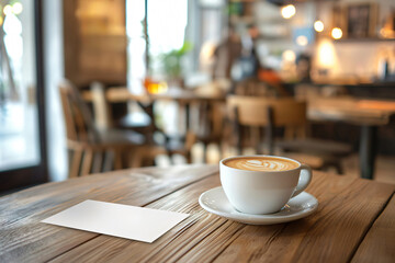 Small flyer mockup on a cafe table accompanied by a cappuccino with latte art in a cozy, blurred background setting with natural lighting