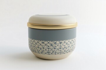 Sophisticated tea tin mockup with decorative patterns, isolated on a seamless neutral backdrop, showcasing minimalist design aesthetics