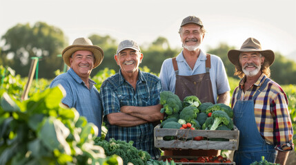 Group of farmers different generations, showcasing their farming dedication standing in afield showing various fresh produce