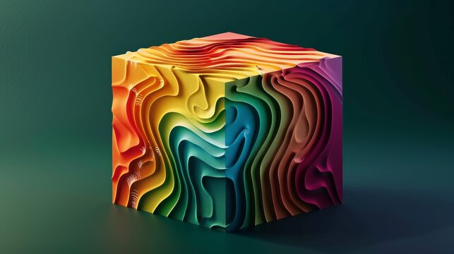 Colorful abstract 3D cube with vibrant wavy patterns. Modern digital artwork with depth and texture. Great for creative design projects, background themes, or artistic inspiration. AI