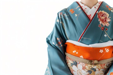Closeup view of a traditional Japanese kimono featuring intricate floral patterns, complete with obi sash, isolated on a white background