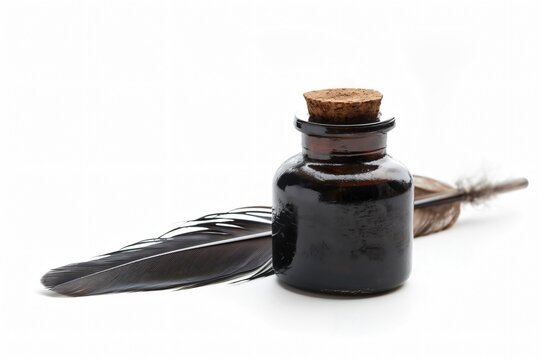 Traditional quill feather pen and a glass ink pot with cork isolated on a white background, symbolizing classic writing and calligraphy