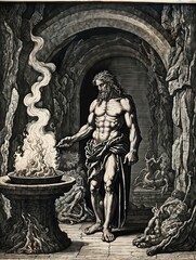 Engraving, Prometheus stealing fire from the gods for the humans