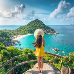 Beautiful girl standing on viewpoint at Koh Nangyuan island near Koh Tao island, Surat Thani in Thailand