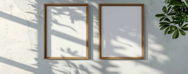 A white framed picture sits on a wooden desk. The picture is empty, and the desk is cluttered with a vase, a potted plant, and a bowl. Free copy space for text.