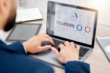 Screen, laptop or businessman trading on stock market, fintech app or cryptocurrency growth. Charts, financial trader or hands on technology for dashboard statistics, investment or finance graphs