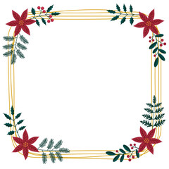 Wreath of branches, leafs and berries. Christmas round frame made from holly berries and green twigs. Winter holiday ornament. Xmas decoration with circular frame. Xmas decoration with circle frame