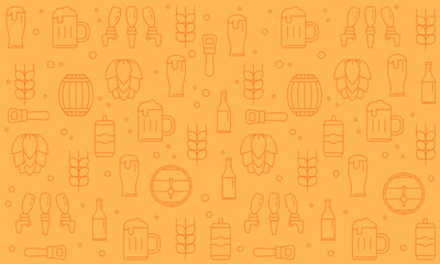 Oktoberfest background with beer symbols, icons, signs. Beer mug, bottle, glass. Beer holiday. Blue design. Oktoberfest yellow design for banners, posters, bar menu