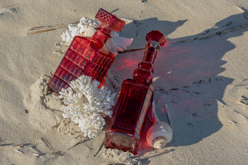 Bottles washed up at the Beach in the surf