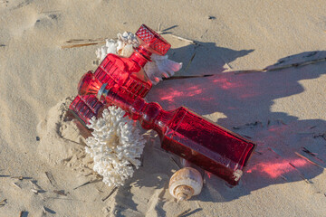 Bottles washed up at the Beach in the surf