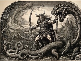 Engraving, Thor fighting the world serpent.