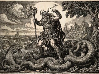 Engraving, Thor fighting the world serpent.