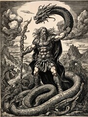Engraving, Thor fighting the world serpent.