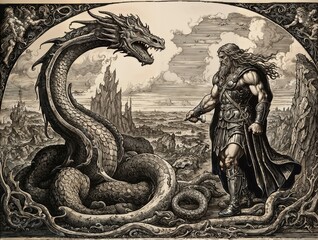 Engraving, Thor fighting the world serpent.