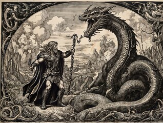 Engraving, Thor fighting the world serpent.