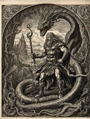 Engraving, Thor fighting the world serpent.