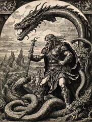 Engraving, Thor fighting the world serpent.