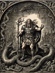 Engraving, Thor fighting the world serpent.