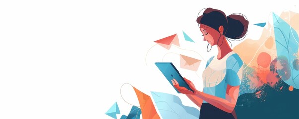 A woman interacts with a digital tablet. Abstract network graphics overlay, symbolizing connectivity and technology. Free copy space for text.