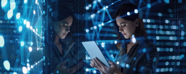 A woman interacts with a digital tablet. Abstract network graphics overlay, symbolizing connectivity and technology. Free copy space for text.
