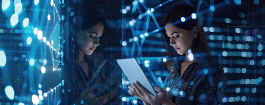 A woman interacts with a digital tablet. Abstract network graphics overlay, symbolizing connectivity and technology. Free copy space for text. - Powered by Adobe