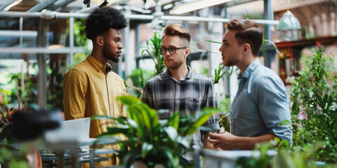 Fototapeta premium Three businessmen sharing ideas in a modern office setting