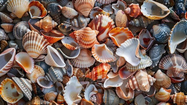 Broken shells gathered on the beach