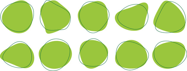 Abstract organic blob shapes vector irregular figures isolated on transparent background. Set of round blot form outlined with a thin line graphic element. Simple green slime spot