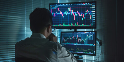 Stock trader analyzing financial data in a dark office