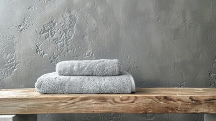 Grey towel on wooden plank for spa hammam sauna shower bath hygiene or body care concept copy space