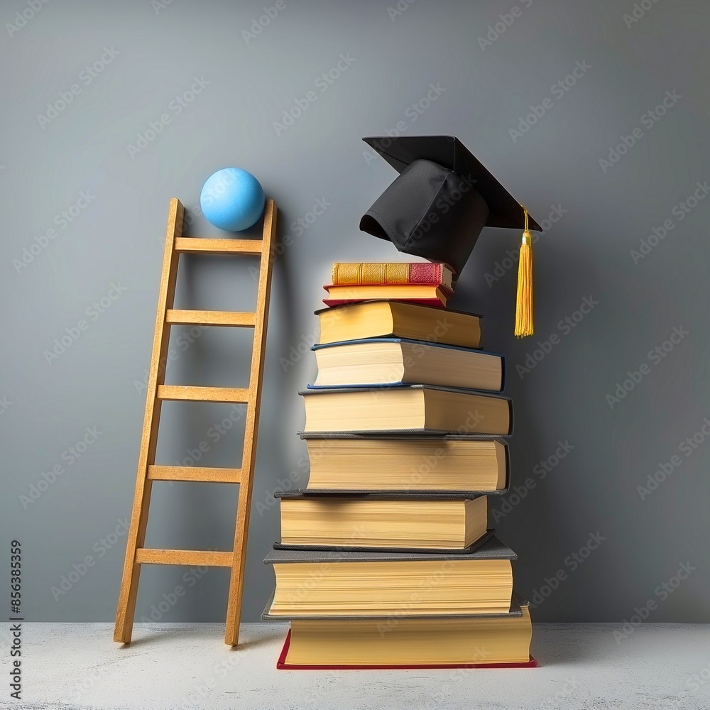 Wall mural 
Front view of stacked books, a graduation cap and ladders for education day - Wall murals