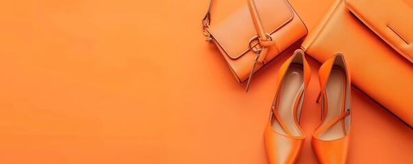 A pair of shoes and a purse are displayed on an orange background. Concept of luxury and sophistication, as the shoes and purse are high-end designer items. Free copy space for text.