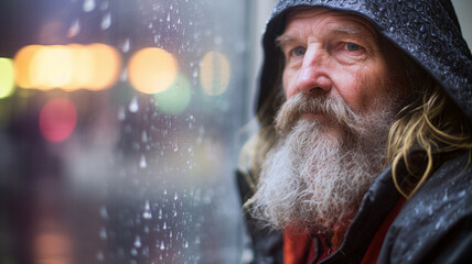 A bearded homeless elder in a hooded jacket reflects while looking out of a wet window, illuminated by soft, evening light - Generative AI