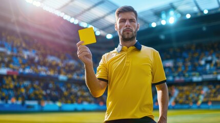 Composition of a man football stadium referee with a yellow card. digitally created picture of sport and competitiveness theme.