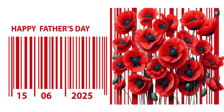Celebratory graphic design , White background, vertical red stripes on left side, red poppies with black centers on right. Personalized message with floral and festive elements. - Powered by Adobe