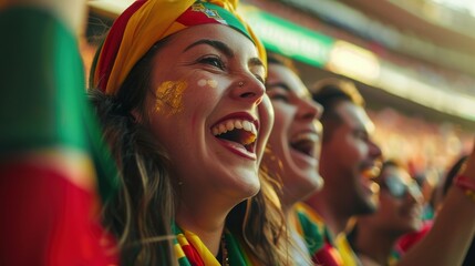 Portuguese football supporters yelling their team's name at the stadium. jubilant spectators booing a goal and encouraging their favorite players. Concept of athletics, rivalry