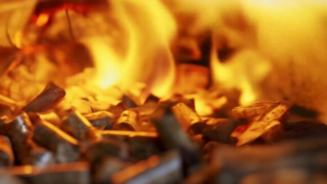 Pellets in flames- oak biomass, close up.