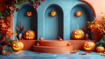 Halloween background with podium for product display. 3d illustration.