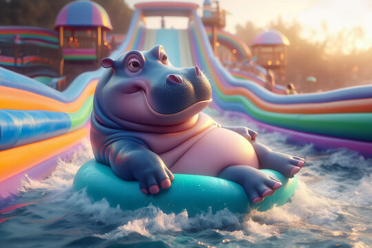 Anthropomorphic hippopotamus exuding cool relaxed vibe sliding in water park. Hippo in colorful inflatable pool, splashes of water, vibrant background. Fun summer activity, playful, joyful scene
