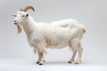 Fototapeta premium the beside view Etawah Goat standing, left side view, white copy space on right isolated on white background