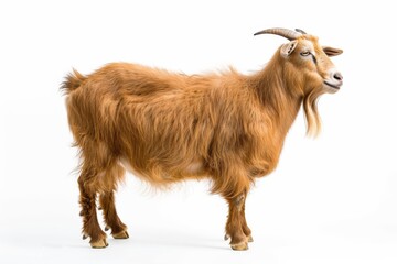 Fototapeta premium the beside view Etawah Goat standing, left side view, white copy space on right isolated on white background