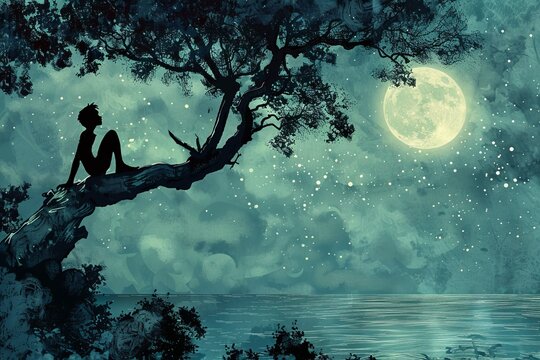 Peter Pan perched on a tree branch in Neverland, looking thoughtful as he gazes at the moonlit sea