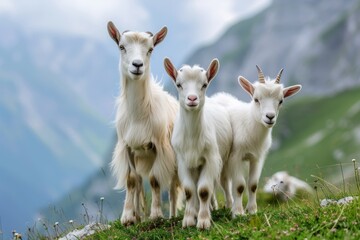 Fototapeta premium View from beside body of a three Alpine goat standing on grass, Awe-inspiring, Full body shot ::2 low Angle View