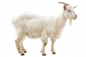 Obraz premium the beside view Toggenburg Goat standing, left side view, white copy space on right isolated on white background