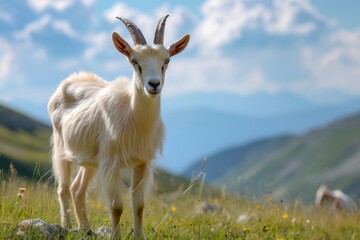 Fototapeta premium View from beside body of a three Alpine goat standing on grass, Awe-inspiring, Full body shot ::2 low Angle View