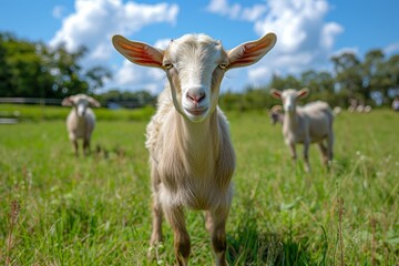 Obraz premium View from beside body of a three Anglo-Nubian goat standing on grass, Awe-inspiring, Full body shot ::2 low Angle View